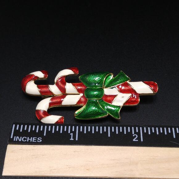 Vintage Enamel Candy Canes Brooch, Green Metallic Bow, 1960s Jewelry - Picture 4 of 10